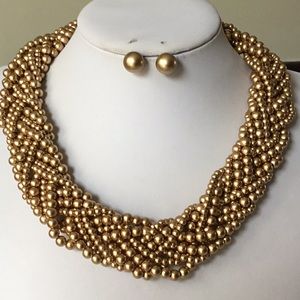 Gold Tone Faux Pearl Braided Necklace Earring Set